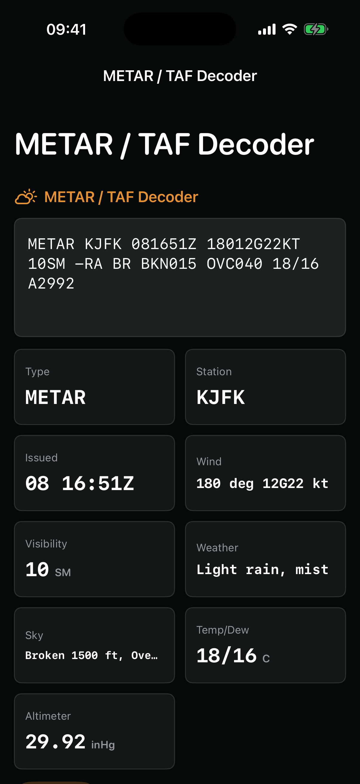 AvCalc weather decoder for METAR and TAF reports